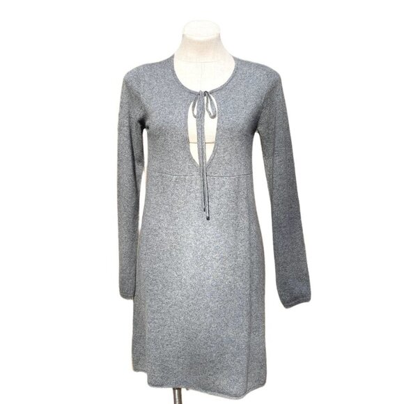 Velvet Cashmere Sweater Dress Long Sleeve Tie Neck Gray Medium - Picture 1 of 6